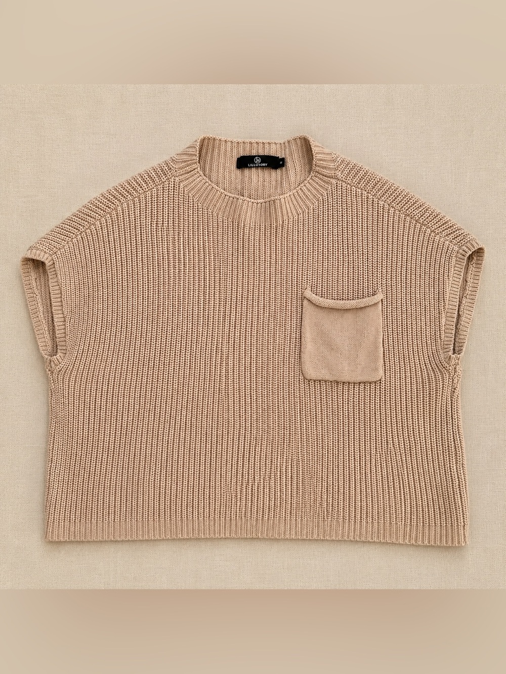 Small Boxy Crewneck Pocket Sweater Vest in Beige